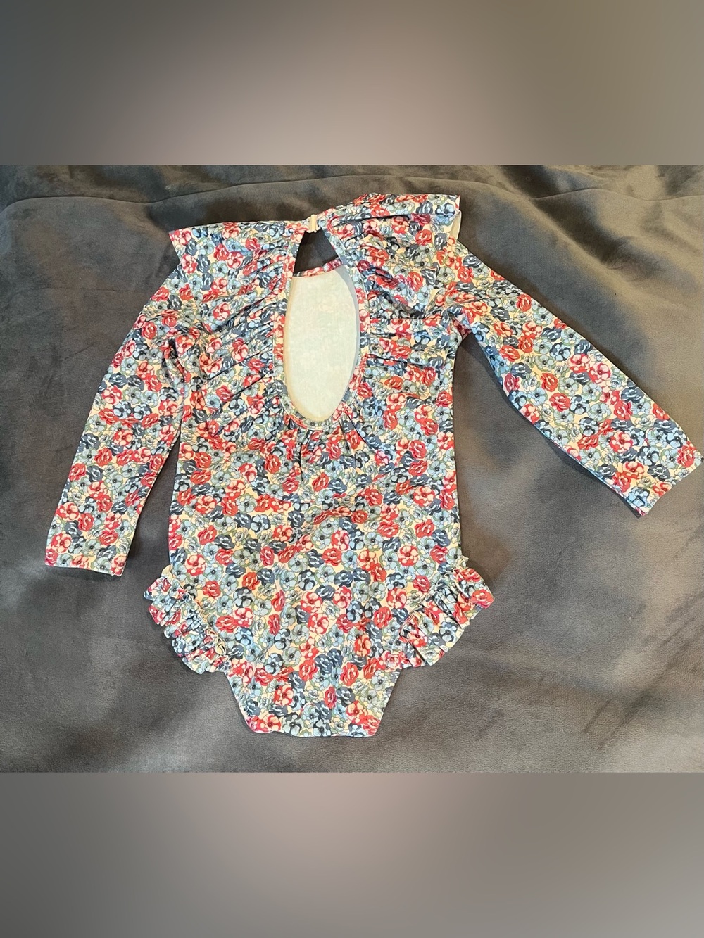 Long-Sleeve Floral One-Piece Swimsuit with Matching Swim Cap - Pink/Blue Floral - Picture 2 of 3